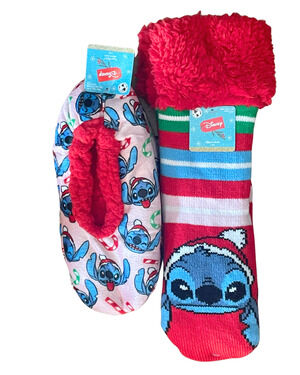 2 Prs Disney Stitch Christmas Ballet Slippers & Sherpa Calf Height Socks New